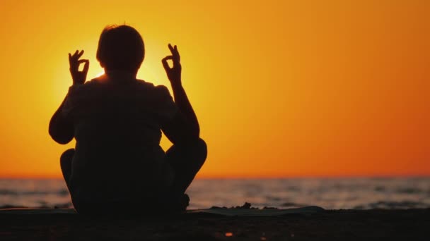 Senior woman meditates in a picturesque place at sunset — Stock Video
