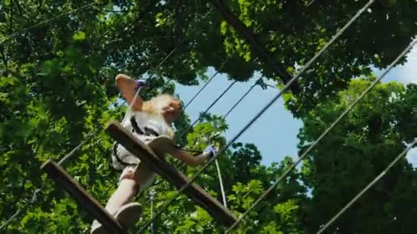 Високо в гілках зеленого дерева малюк піднімається на мотузки — стокове відео
