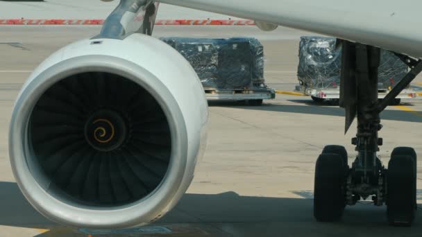 Der Flügel eines Passagierflugzeugs mit einem leistungsstarken Strahltriebwerk darauf. — Stockvideo