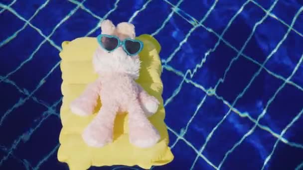 Un lapin jouet dans des lunettes de soleil flotte sur un matelas gonflable dans la piscine — Video