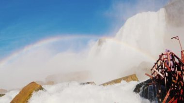 Ağır çekim video: ünlü Niagara Falls. Mavi gökyüzüne karşı çekim alttan görünüm