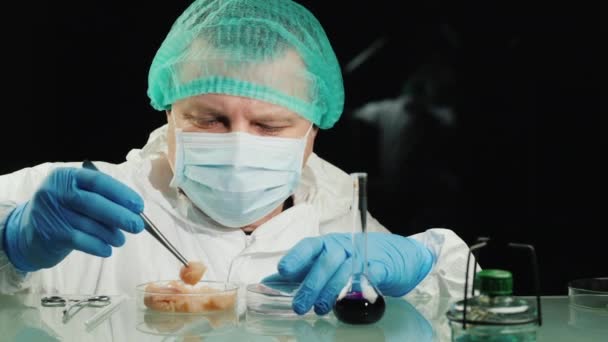 Der Labortechniker überprüft die Qualität des Hühnerfleisches im Labor. Lebensmittelkontrolle — Stockvideo