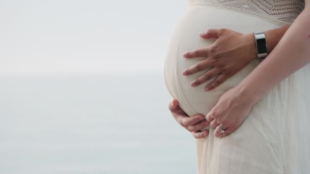 Handen van een jonge Aziatische man strelen de buik van een zwangere vrouw — Stockvideo