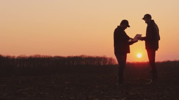 Dos granjeros trabajando en el campo, usando una computadora portátil y una tableta — Vídeo de stock