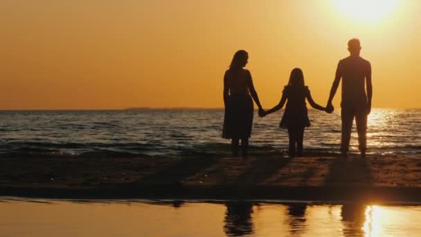 A young couple with a child stands on the beach, watching the beautiful sunset — ストック動画