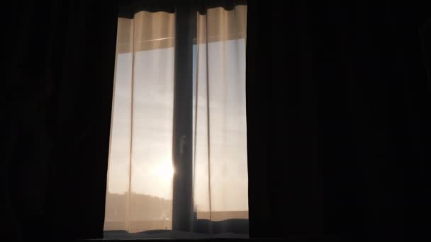 Egy nő sziluettje behúzza a függönyt az ablakon. — Stock videók