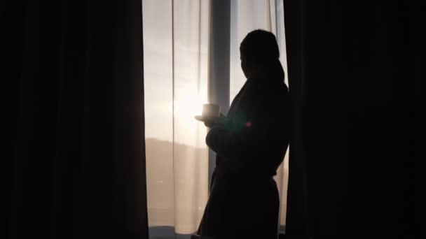 The silhouette of a young woman drinking morning coffee at the window — Stock Video