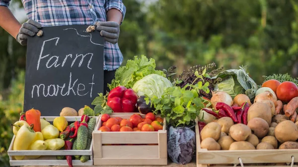 Farmer przy ladzie, gdzie sprzedaje warzywa. — Zdjęcie stockowe