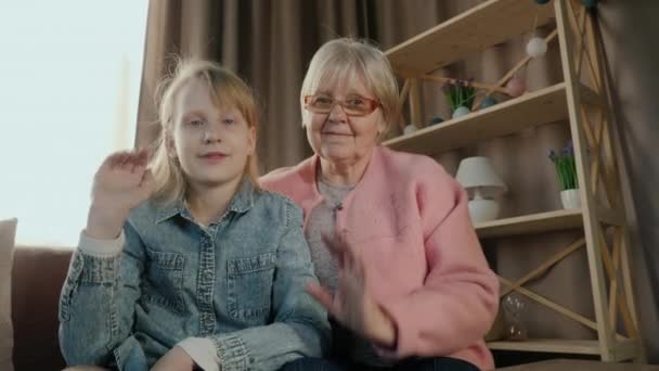 Бабушка и внучка разговаривают с камерой во время видеозвонка — стоковое видео