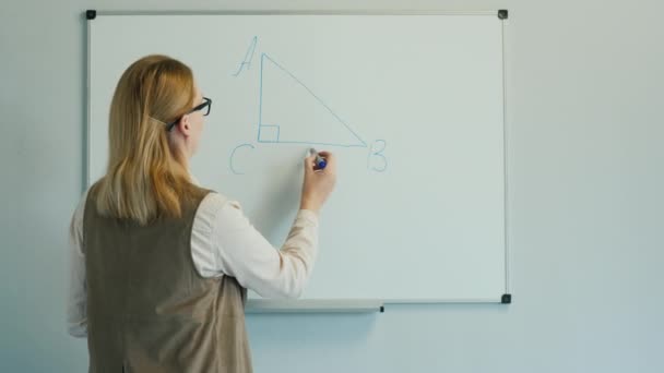 De leraar leidt een meetkundeles voor jongere kinderen. — Stockvideo