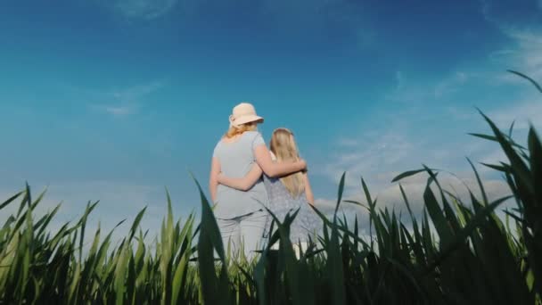Mamá abraza a la hija, de pie en un hermoso prado verde contra un cielo azul claro — Vídeo de stock