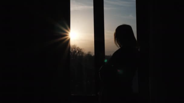 Het silhouet van een eenzame vrouw, zittend op de vensterbank en kijkend uit het raam — Stockvideo