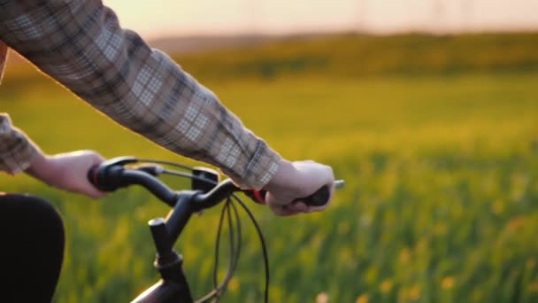 骑自行车的人手扶着自行车的扶手，在绿茵的草地或田野的背景下，在风景如画的地方骑车 — 图库视频影像