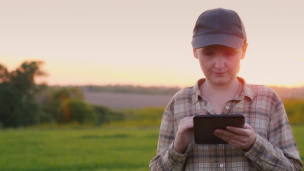 Μια αγρότισσα εργάζεται σε ένα χωράφι, χρησιμοποιεί μια ταμπλέτα — Αρχείο Βίντεο