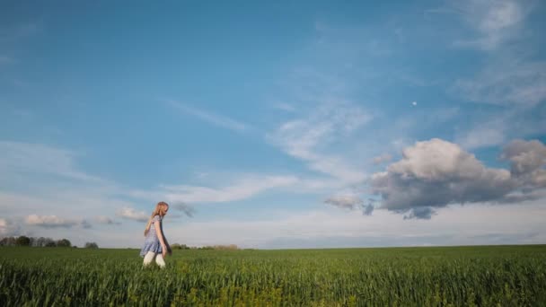 Vista laterale: Una ragazza cammina lungo il pittoresco pavimento sotto i raggi del sole al tramonto . — Video Stock