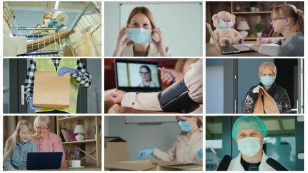 Collage video sobre la vida durante la cuarentena y la epidemia de coronavirus — Vídeo de stock