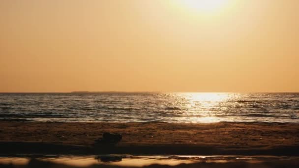 Menina alegremente corre na areia pelo mar ao pôr do sol — Vídeo de Stock