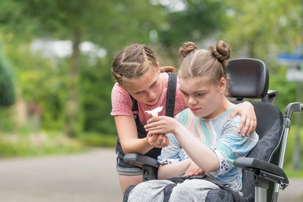 Handicap un enfant handicapé dans un fauteuil roulant relaxant à l'extérieur avec sa sœur Images De Stock Libres De Droits