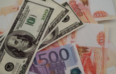 Banka banknot dolar, euro, Rublesi