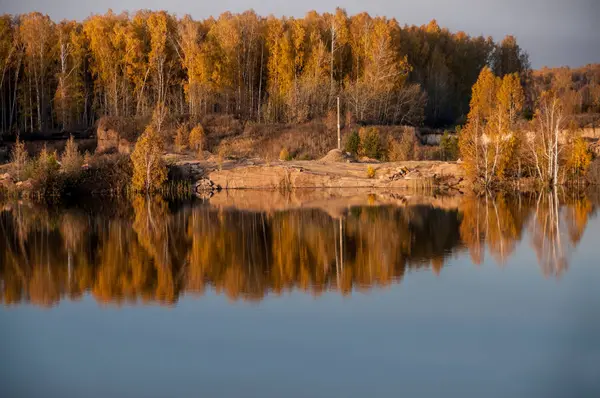Lagoa no fundo da floresta de outono — Fotografia de Stock