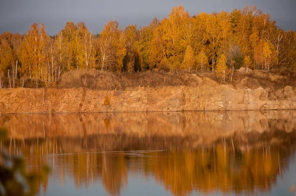 Vijver op de achtergrond van de herfst bos — Stockfoto