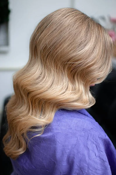 Blond Žena Účesem Dlouhých Vlnitých Vlasů Purpurové Ukradl Světlém Pozadí — Stock fotografie