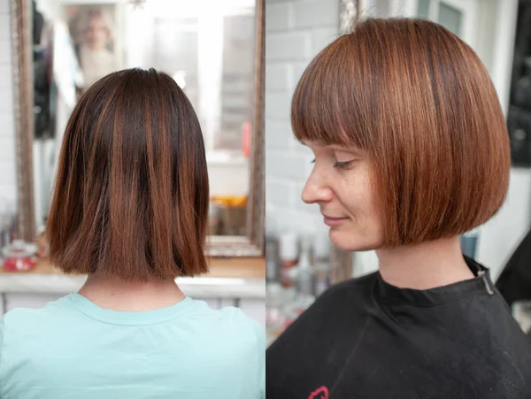 Peinado Bob Pelo Caoba Brillante Una Mujer Joven Una Silla —  Fotos de Stock