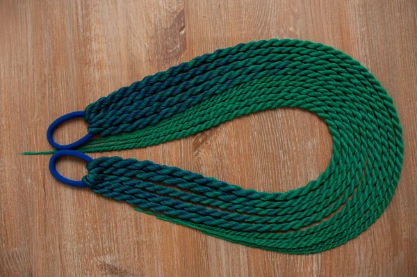 Handmade Rubber Band Made Artificial Colored Hair Braided Pigtails — Stock Photo, Image