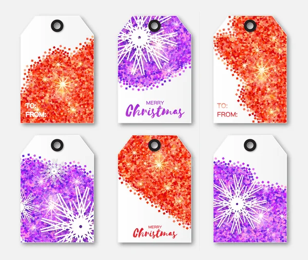 Festive collection of red purple glitter texture Christmas snowflake labels.