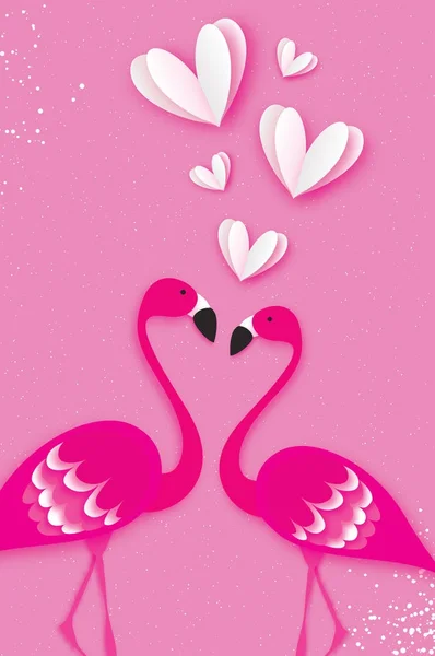 Exotic birds love. Flamingo couple. Beautiful pink birds. Tropical Jungle. Palm leaves. Love with paper cut white hearts. Romantic Invitation card. Happy Valentine\'s day. 14 February.
