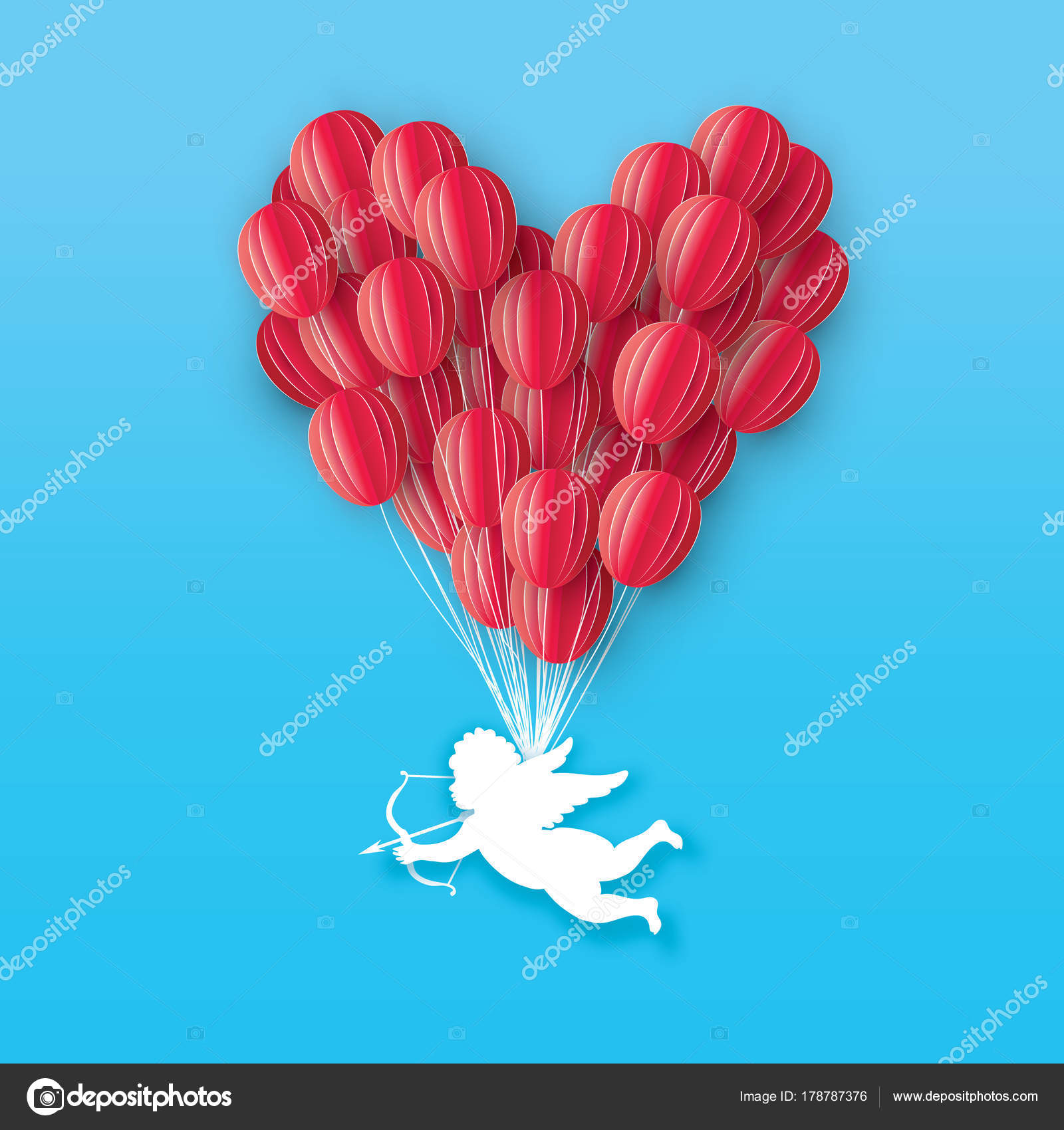 Flying Cupid Little Angel Love Red Heart In Paper Cut