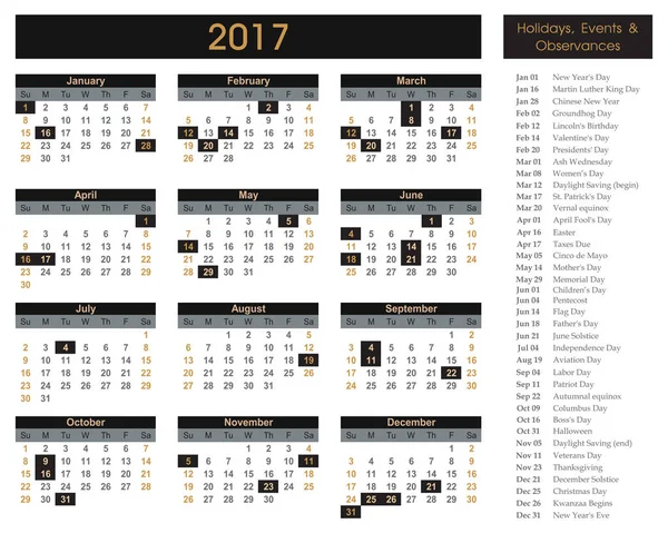 2017 kalendarz, terminarz, harmonogram dla firm i prywatnych. -Święta i wydarzenia wysłany wewnątrz — Wektor stockowy