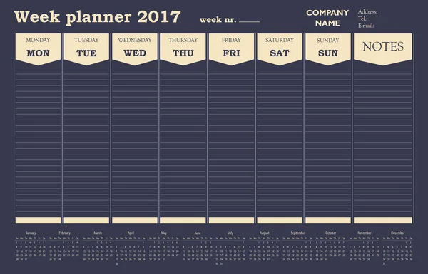 Week planner calendar 2017 for companies and private use - organizer and schedule — Stock Vector