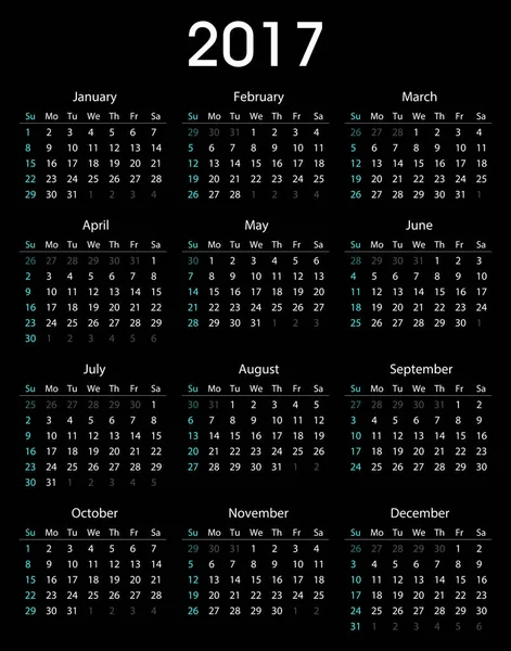 企業および私用使用のための単純な 2017年カレンダー テンプレート — ストックベクタ