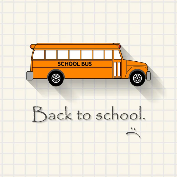 Назад до школи з смутком - кумедний шкільний автобус напис на папері з математичними квадратами — стоковий вектор