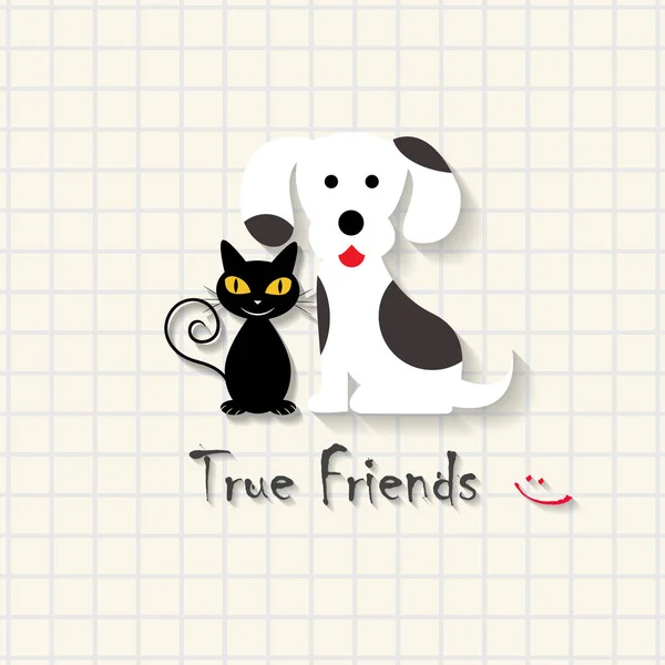 Amizade verdadeira - cena de amizade de cão e gato em papel quadrado matemático — Vetor de Stock
