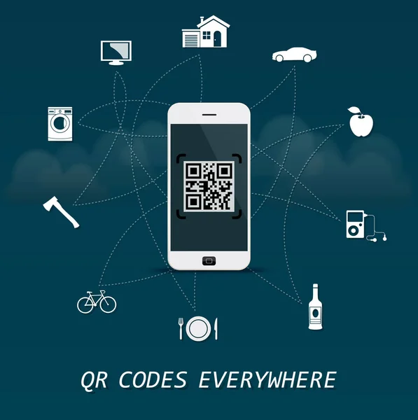 QR-Codes überall - Quick Response Codes Geschäftsinfografik Vorlage mit Mobiltelefon in der Mitte — Stockvektor