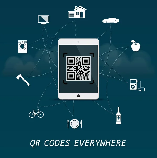 QR-Codes überall - Quick Response Codes Geschäftsinfografik Vorlage mit Tablet in der Mitte — Stockvektor