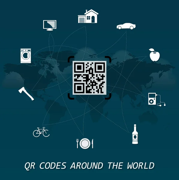 Qr-Codes auf der ganzen Welt - Quick Response Codes Geschäftsinfografik in der Mitte der Weltkarte — Stockvektor