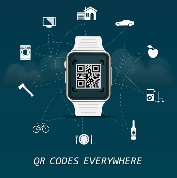 QR Коды везде - быстрый ответ коды бизнес-инфографический шаблон с умными часами в центре — стоковый вектор