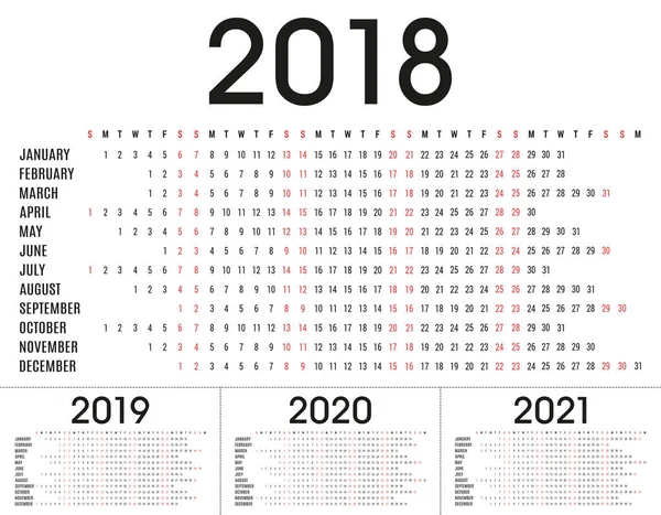 Enkel 2018, 2019 2020, 2021 planner kalender och dag schema för privat bruk och business — Stock vektor
