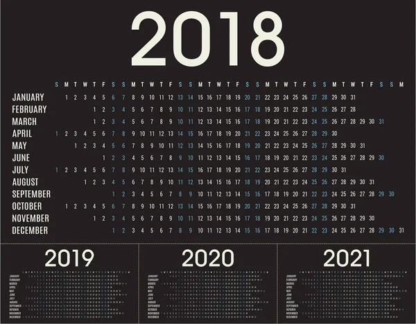 Enkel 2018, 2019 2020, 2021 planner kalender och dag schema för privat bruk och business — Stock vektor