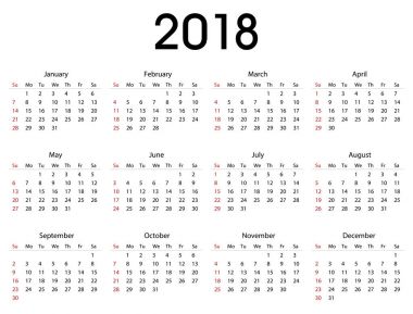 Ticari ve özel kullanım için basit 2018 Takvim şablonu