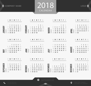 2018 takvimi şablonunu ve özel şirketler için kullanın - basit bir siyah ve beyaz tasarım programı, planlayıcısı ve Organizatör