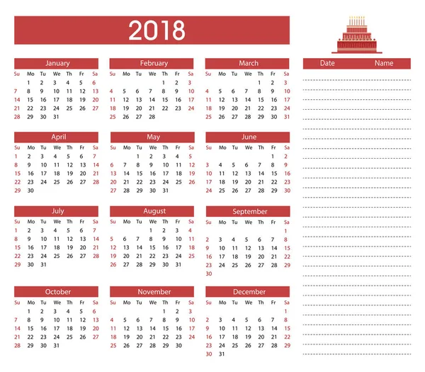 Verjaardagen 2018 kalender sjabloon achtergrond — Stockvector