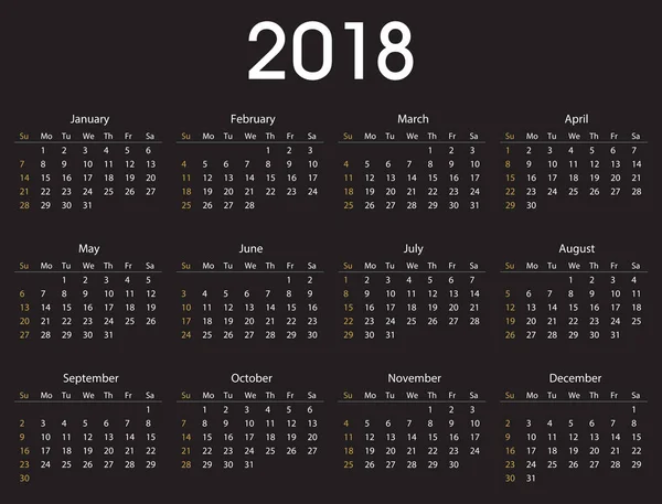 Modelo de calendário simples 2018 para uso comercial e privado — Vetor de Stock