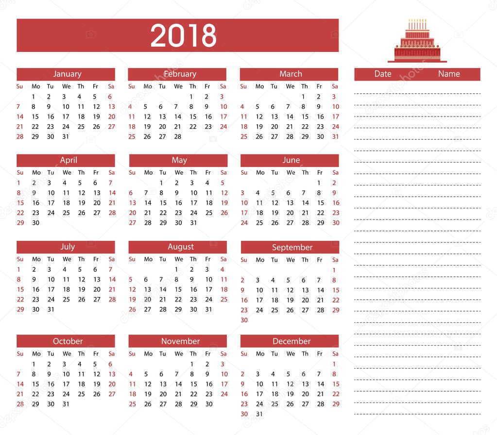 Birthdays 2018 calendar template background 