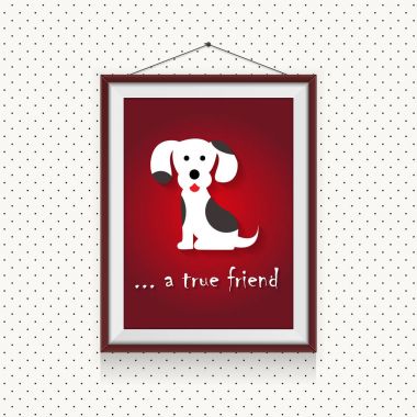 Gerçek köpek arkadaş - komik karikatür köpek resimde noktalı arka plan üzerinde fotoğraf çerçevesi