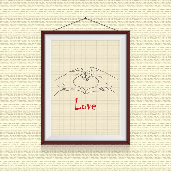 Hand makes love photo frame on the wall - background template — Stock Vector
