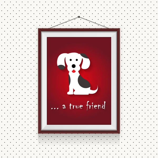 Un verdadero amigo perro - dibujo divertido perro de dibujos animados en el marco de la foto sobre fondo punteado — Vector de stock